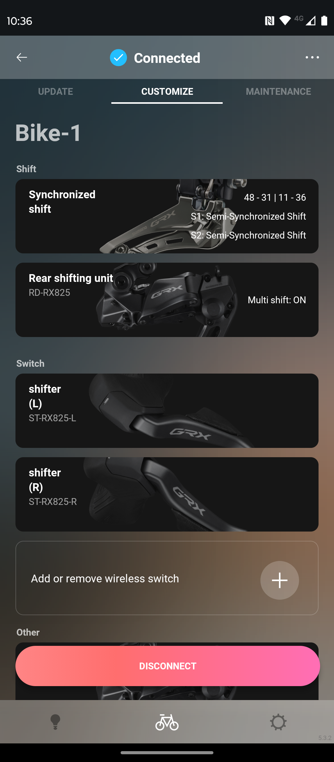 A screenshot of the Shimano e-tube app