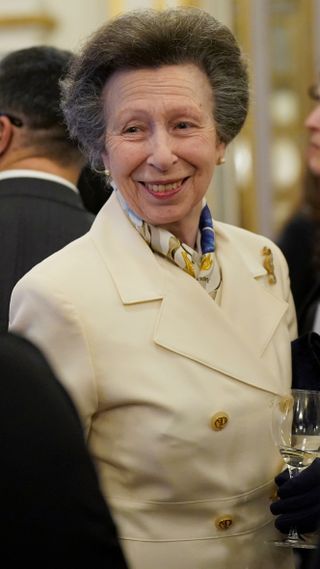 Princess Anne smiles as she attends a reception on 20th February