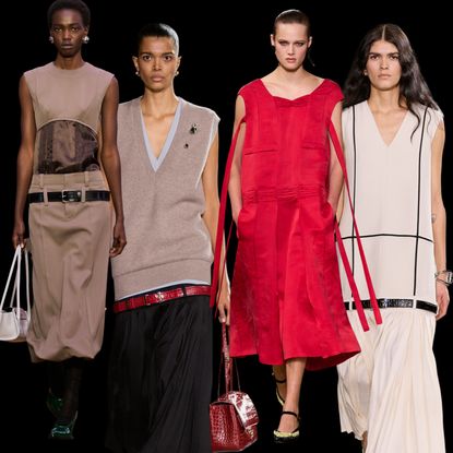 collage of women on the fall 2026 runways wearing drop-waist dresses and skirts