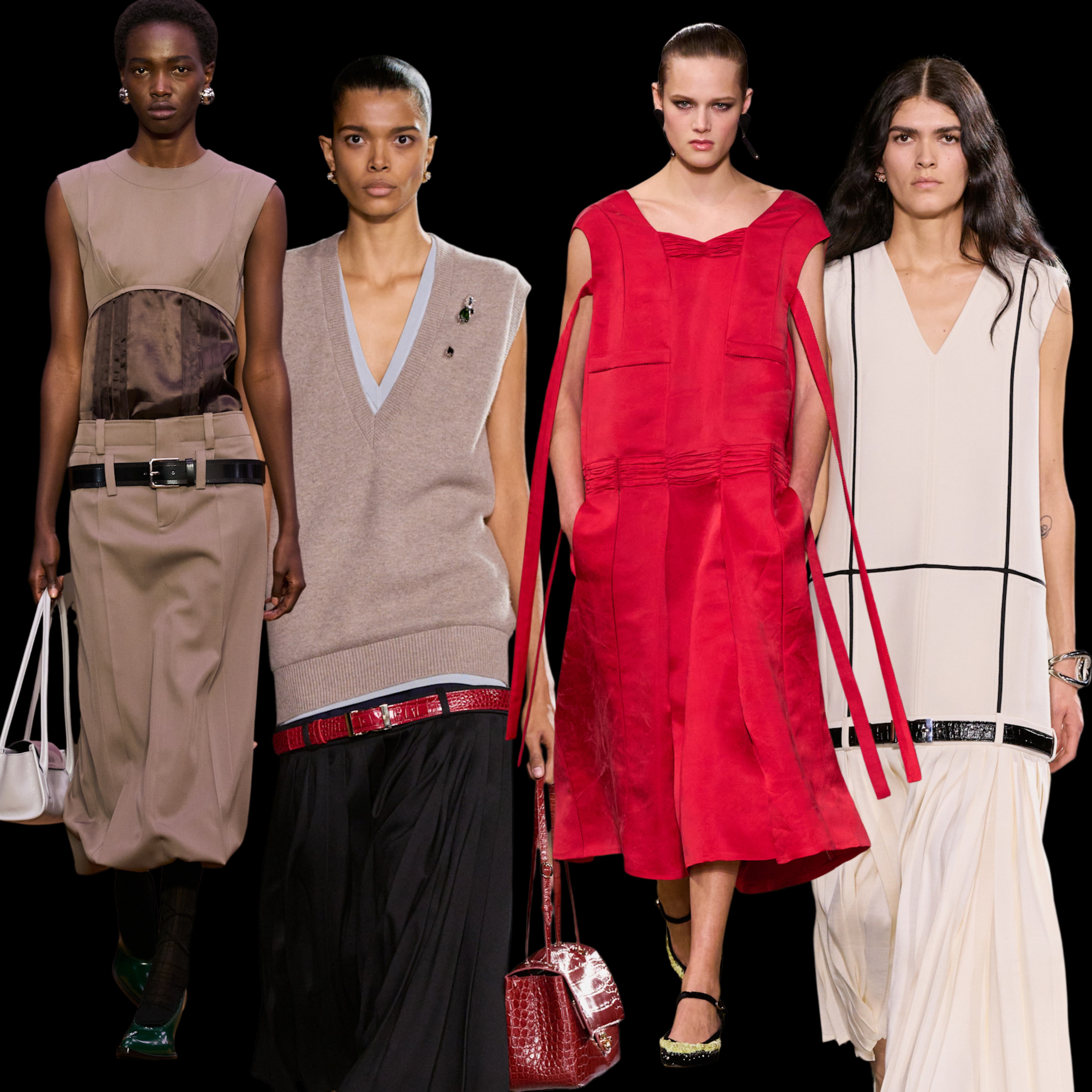 collage of women on the fall 2026 runways wearing drop-waist dresses and skirts 
