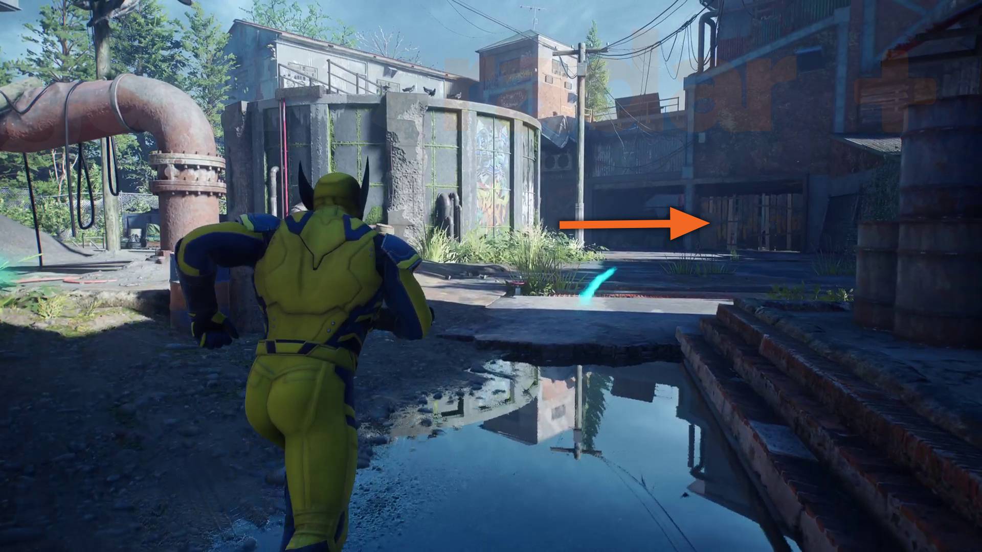 Marvel's Wolverine arrow pointing to wooden boards covering garage in The One That Got Away