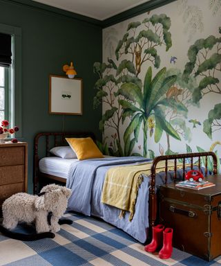 kids bedroom with tropical mural wallpaper vintage bedframe