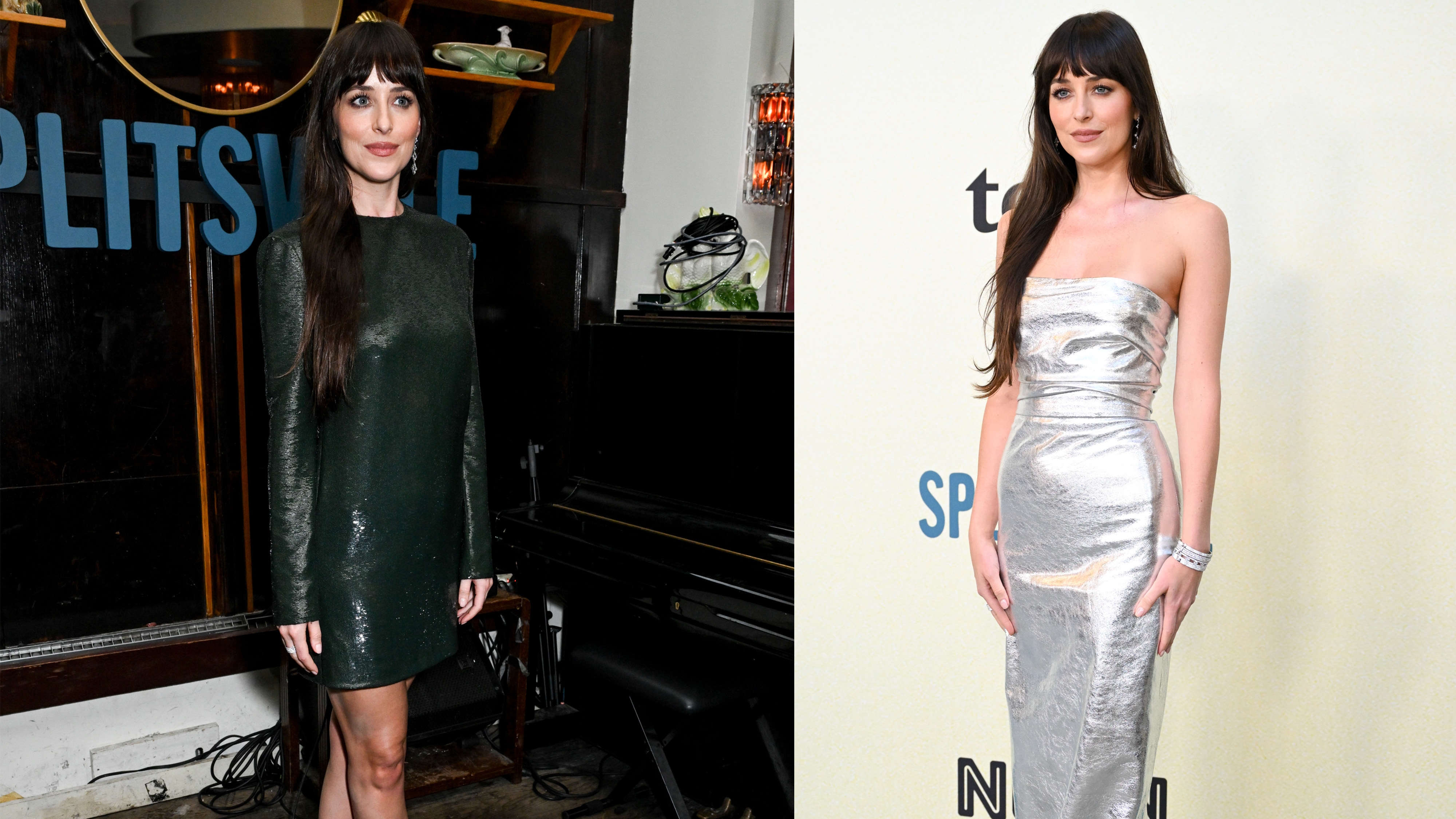 Photos of Dakota Johnson at the Los Angeles premiere of Splitsville wearing a silver strapless leather gown to the red carpet and a green sequin minidress to the after party, both by Gucci.