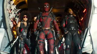 Zazie Beetz Ryan Reynolds Terry Crews jumping out of airplane in Deadpool 2