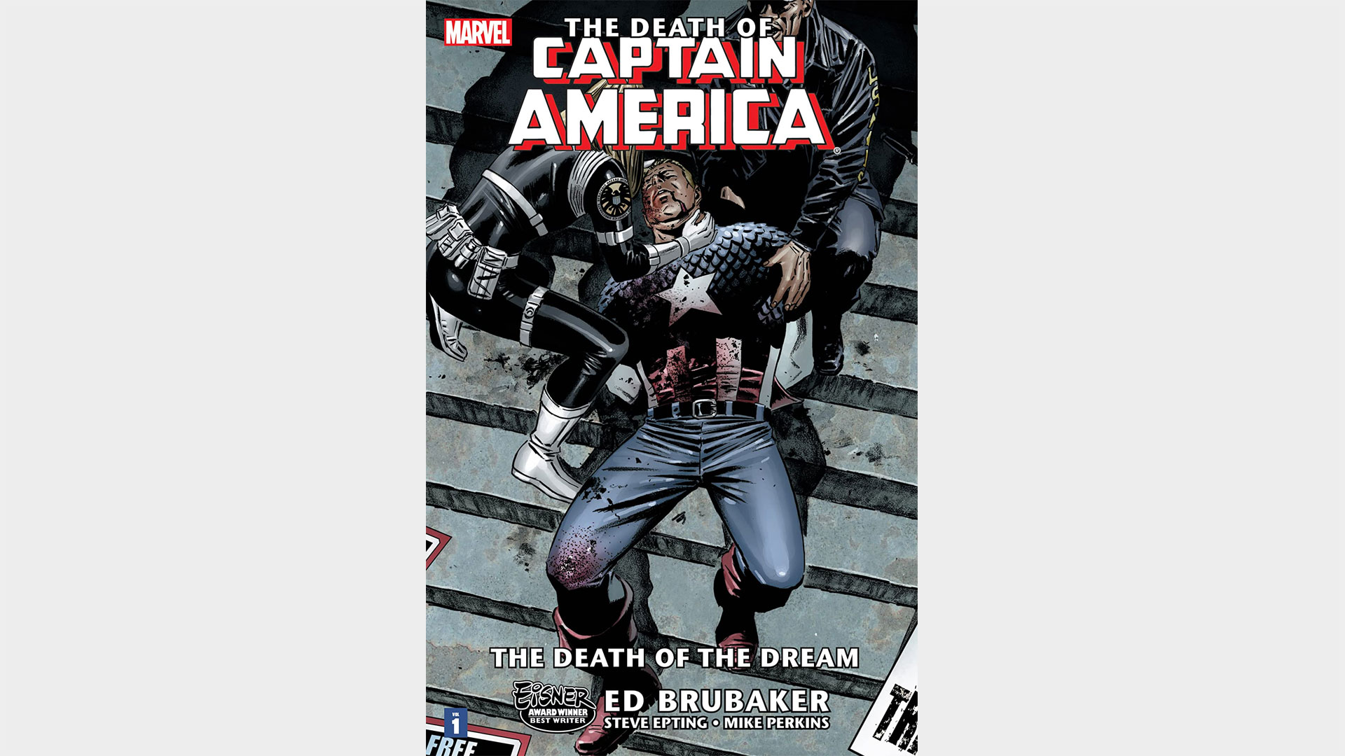 People stand over the body of Steve Rogers on the cover of The Death of Captain America.