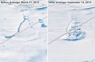 Changes in the ice surface of the Amery Ice Shelf in Antarctica reveal the rapid draining of a lake deep below in 2019.