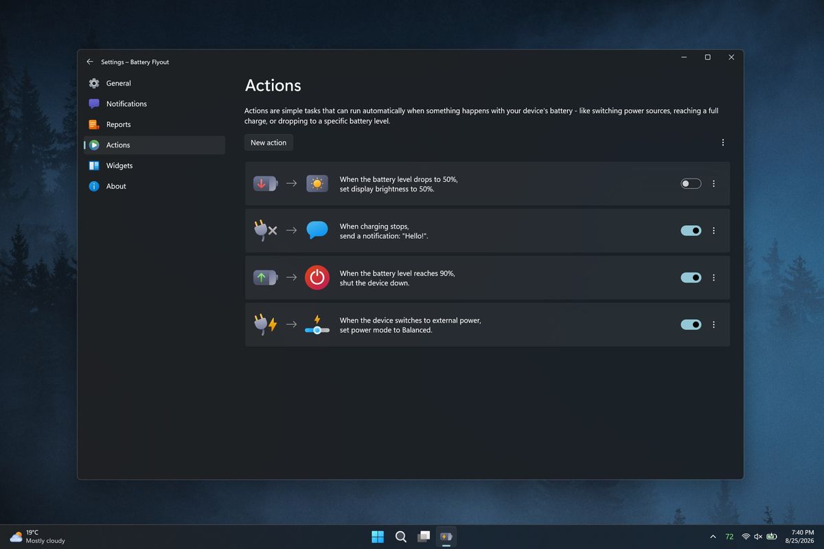 A screenshot of the Battery Flyout application on Windows 11 showing battery metrics, power settings, and usage statistics.