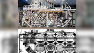 Two images side by side, one showing the metal cylinders and wires that make up a large boxy satellite and the other being a black and white x-ray image of the satellite showing its hollow features