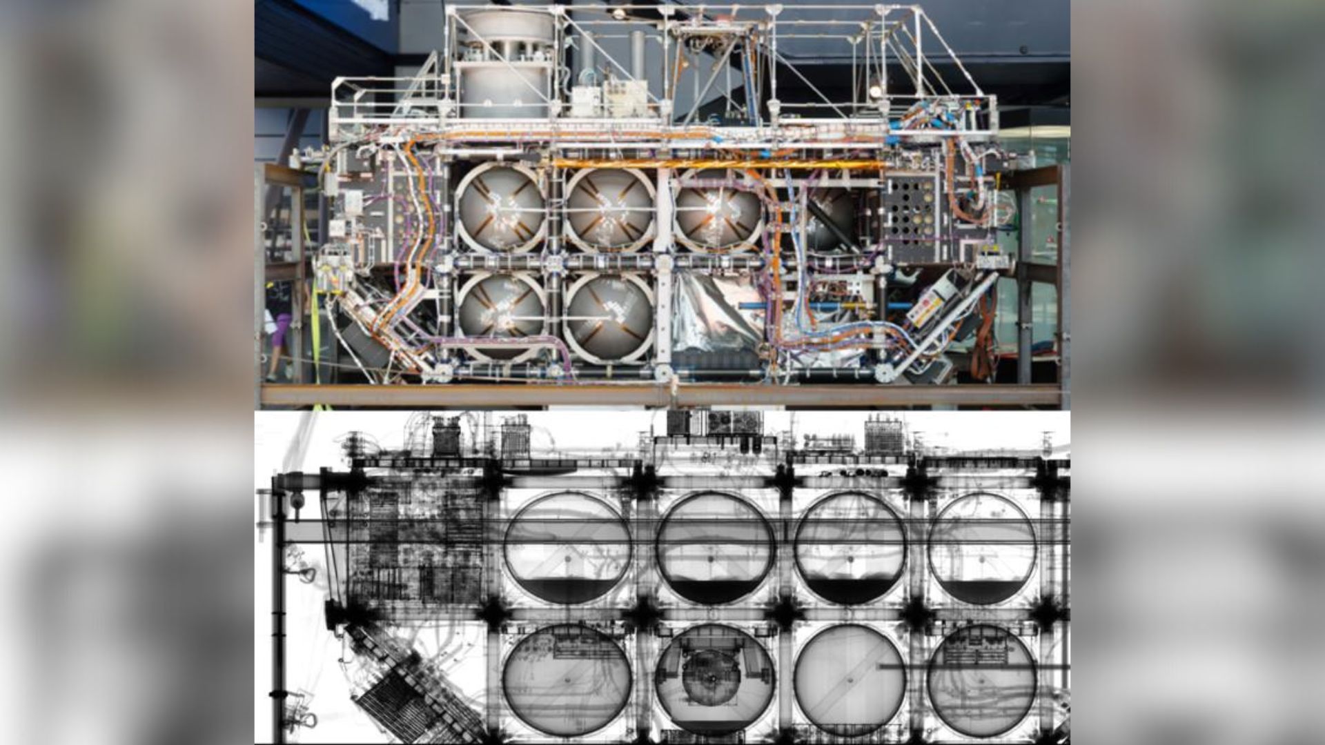 Two images side by side, one showing the metal cylinders and wires that make up a large boxy satellite and the other being a black and white x-ray image of the satellite showing its hollow features