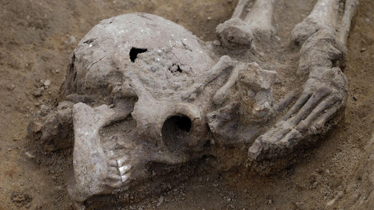  Many of the decapitated skeletons had their heads buried like the one shown here.