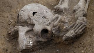  Many of the decapitated skeletons had their heads buried like the one shown here.