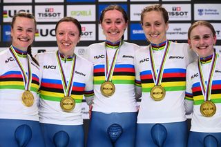 Picture by Simon Wilkinson/SWpix.com - 17/10/2024 - Cycling - Tissot UCI 2024 Track World Championships Ballerup - Copenhagen, Denmark - Ballerup Super Arena - Womenâ€™s Team Pursuit Podium - Katie Archibald, Megan Barker, Josie Knight, Anna Morris, Jessica Roberts (Great Britain) receiving the Gold Medal and becoming World Champions