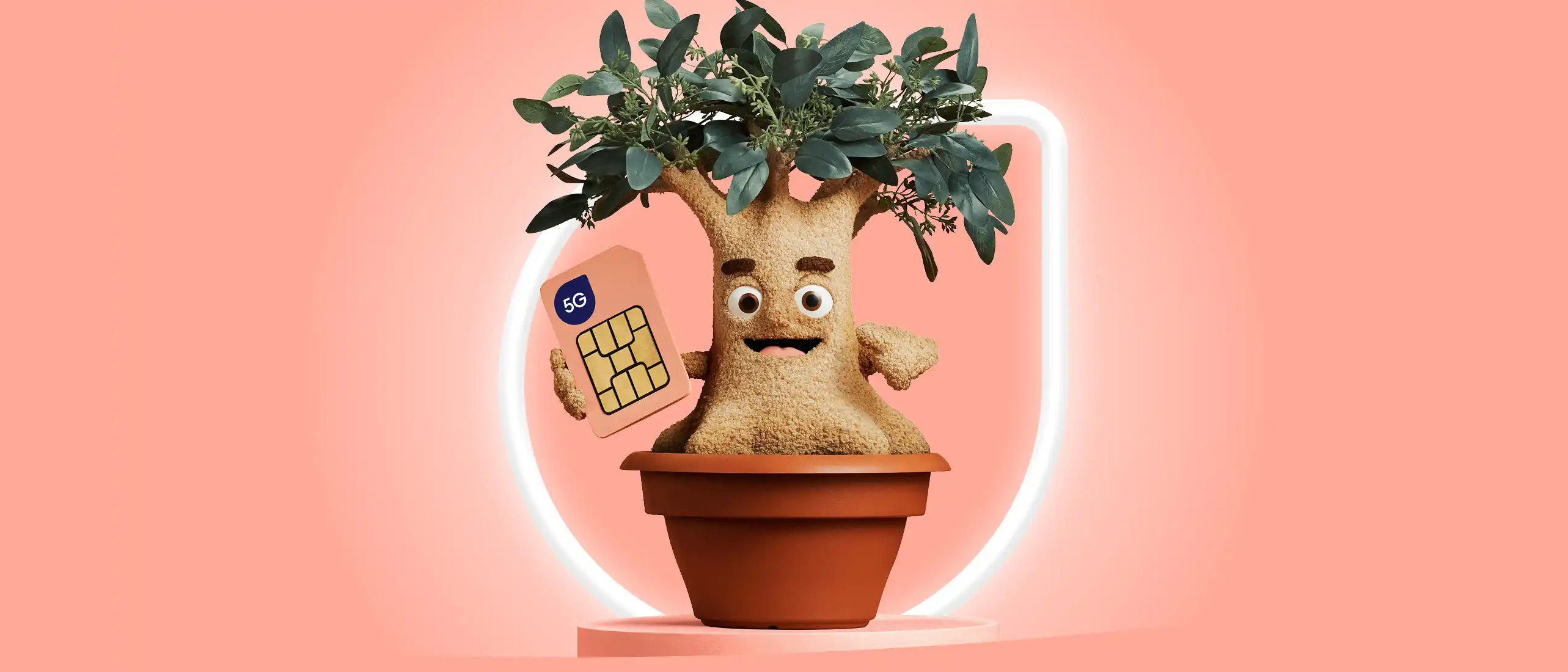 Felix Mobile potted tree mascot holding a SIM card