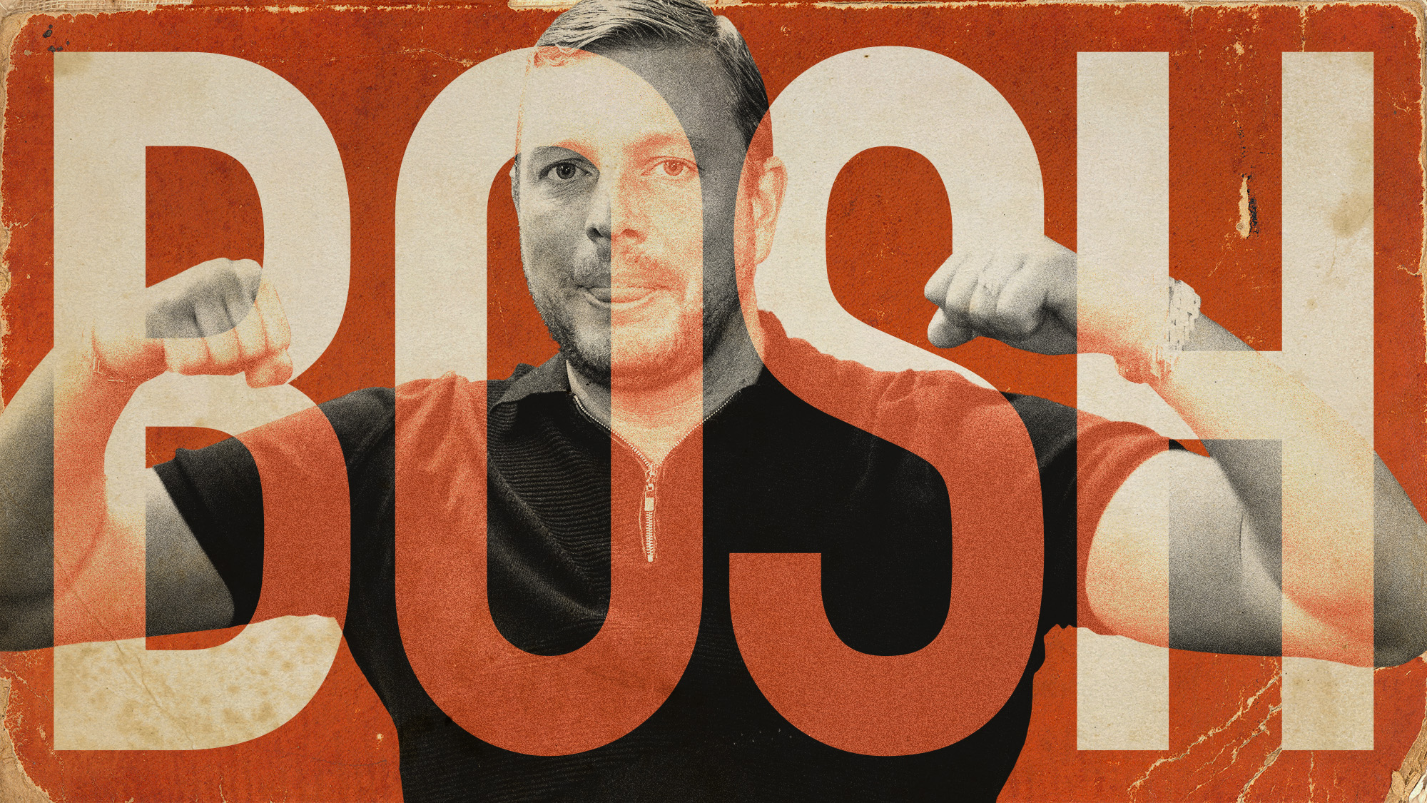 Photo collage of Thomas Skinner flexing his arms, with his catchphrase &quot;bosh&quot; overlaying the image