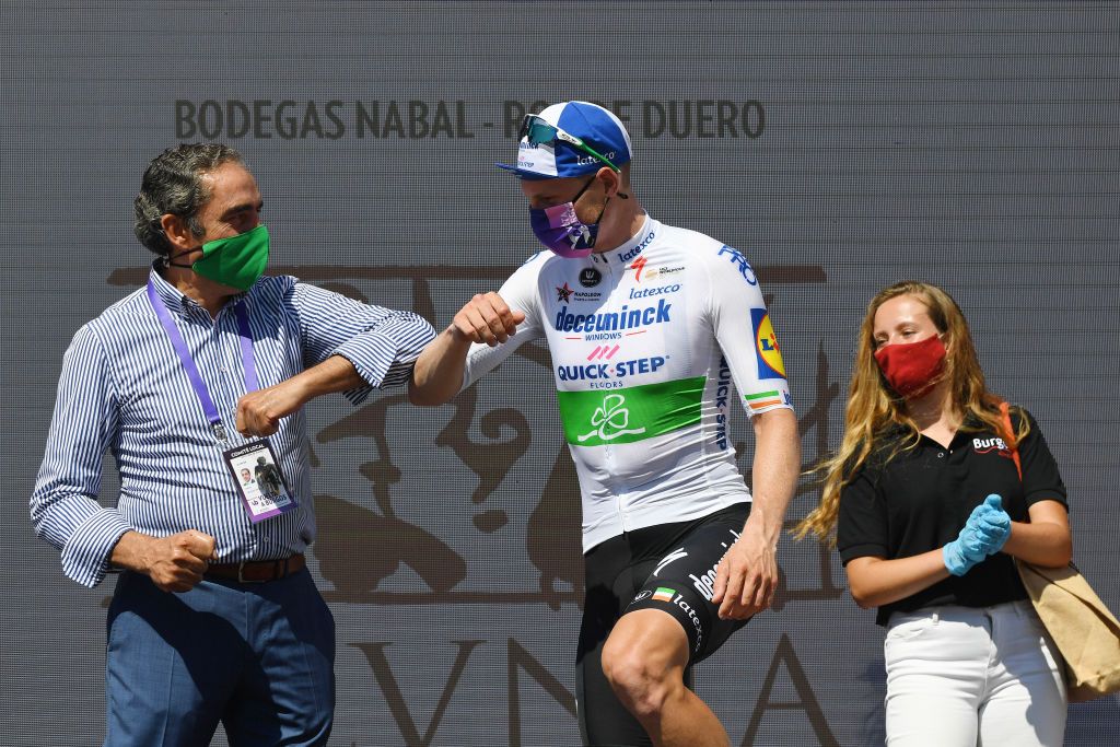 Sam Bennett celebrates COVID-19 style at the Vuelta a Burgos