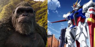 Kong and a Gundam suit, pictured side by side