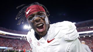 Germie Bernard #5 of the Alabama Crimson Tide celebrates after beating the Georgia Bulldogs 24-21 at Sanford Stadium on September 27, 2025 in Athens, Georgia.