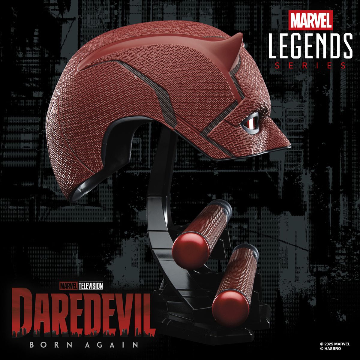Marvel Legends Series Daredevil replica helmet and Billy Club against a dark background with a city-scape pattern, alongside the Marvel Legends Series and Daredevil: Born Again logos