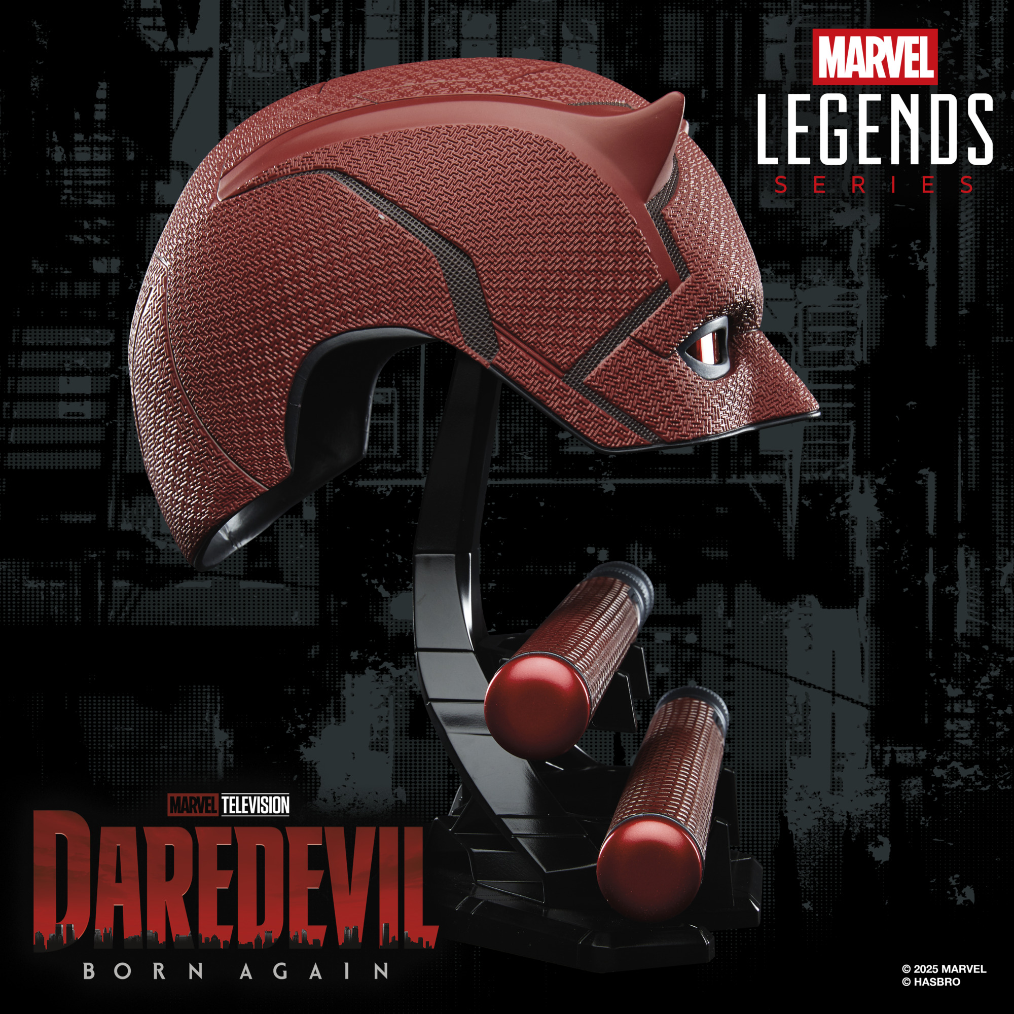 Marvel Legends Series Daredevil replica helmet and Billy Club against a dark background with a city-scape pattern, alongside the Marvel Legends Series and Daredevil: Born Again logos
