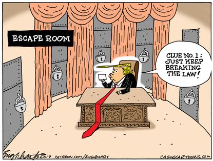 Political Cartoon U.S. Trump Oval Office Escape Room Impeachment