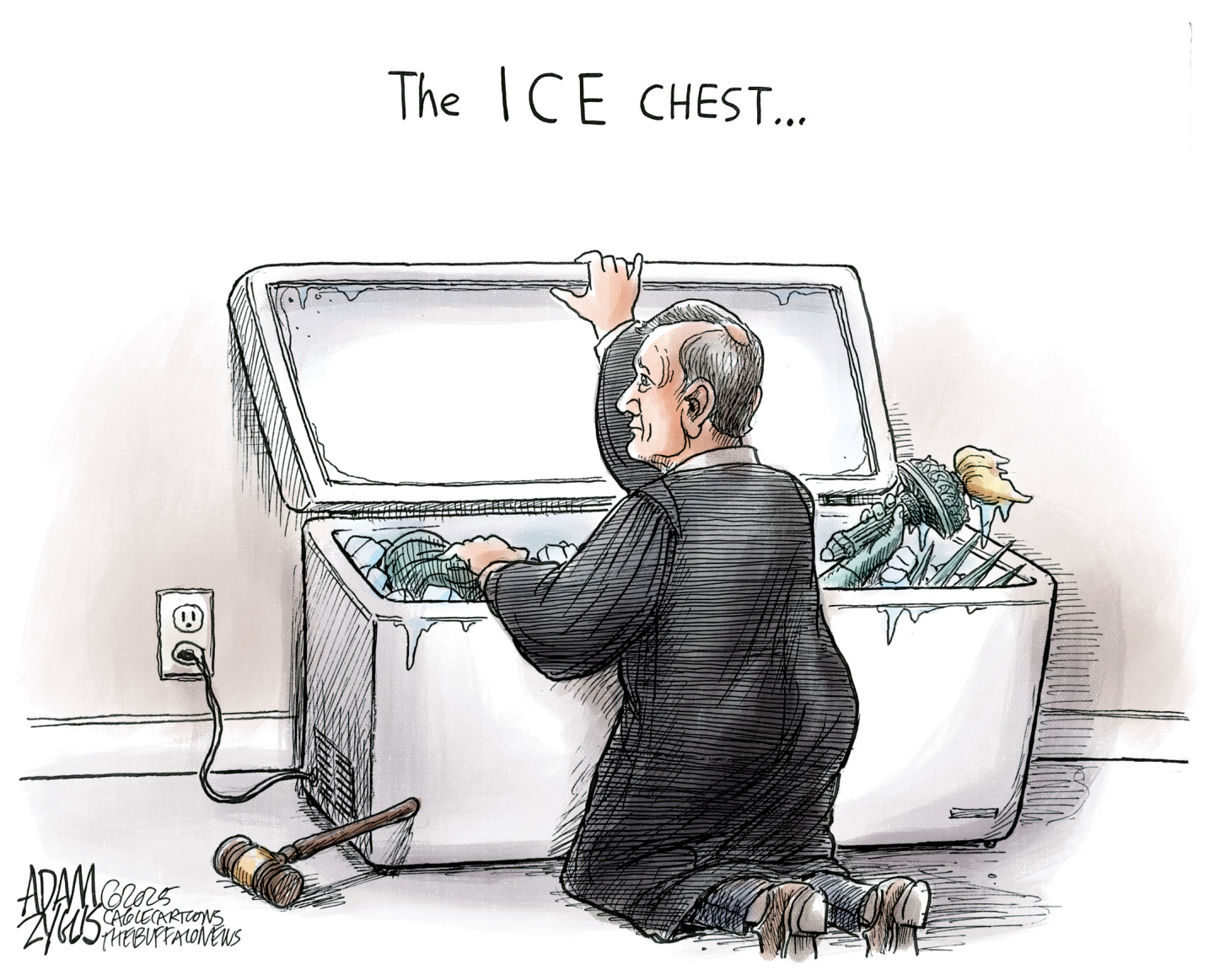 This political cartoon is titled &amp;ldquo;The ICE Chest&amp;hellip;&amp;rdquo; It shows John Roberts in his robe kneeling next to a large ice chest that holds the statue of liberty. He looks worried and is about to close the chest.