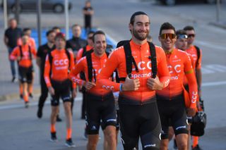 Guillaume Van Keirsbulck shares a joke with CCC Team leader Greg Van Avermaet at their 2020 training camp