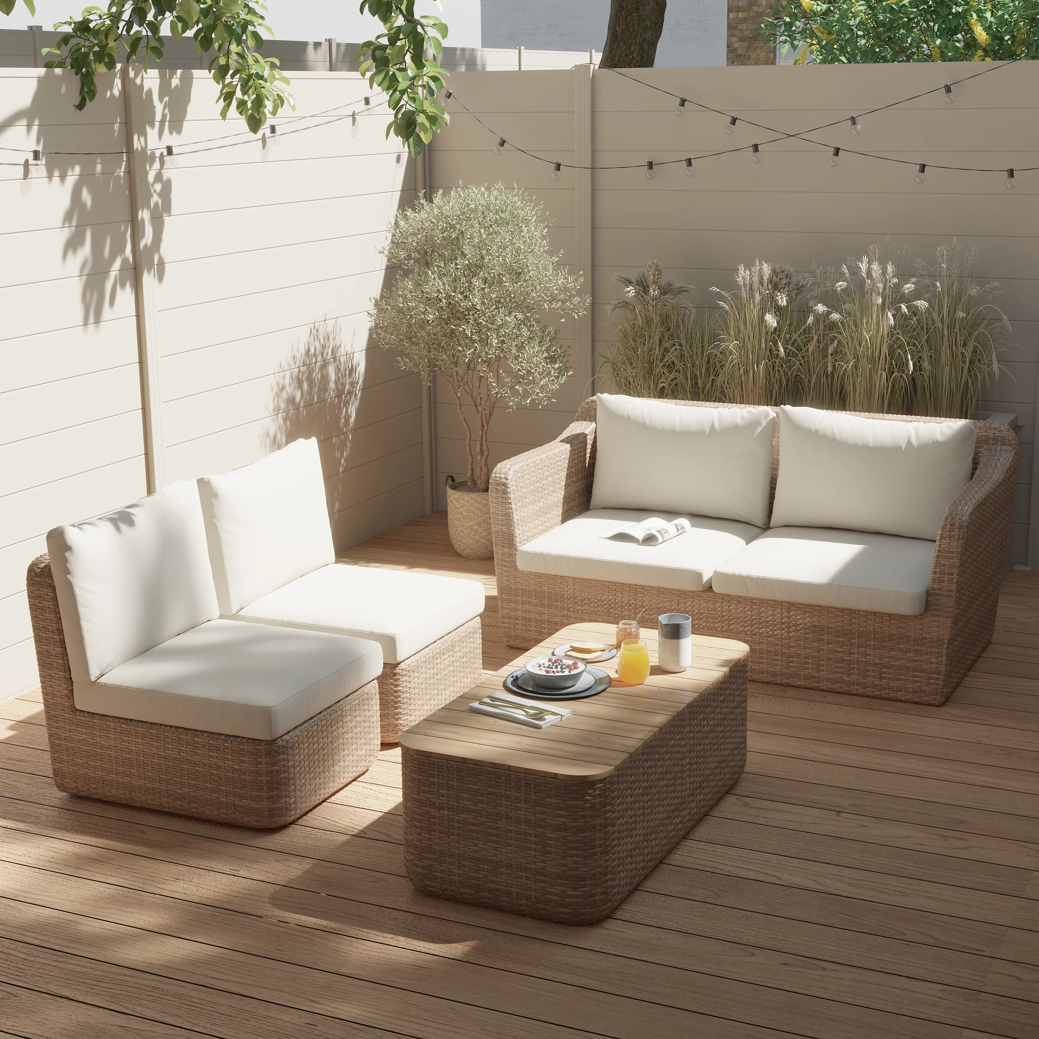 GoodHome Elos Matt Beige Rattan effect 4 Seater Modular Coffee set