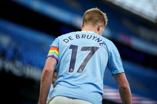 Manchester City’s Kevin De Bruyne sporting a Stonewall Rainbow Laces armband during the Premier League match at the Etihad Stadium, Manchester