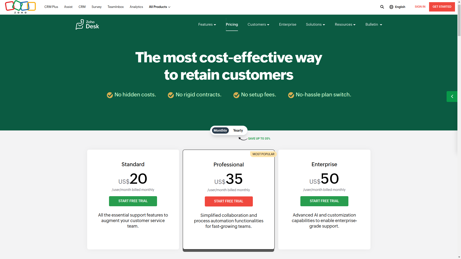 Zoho Desk pricing page
