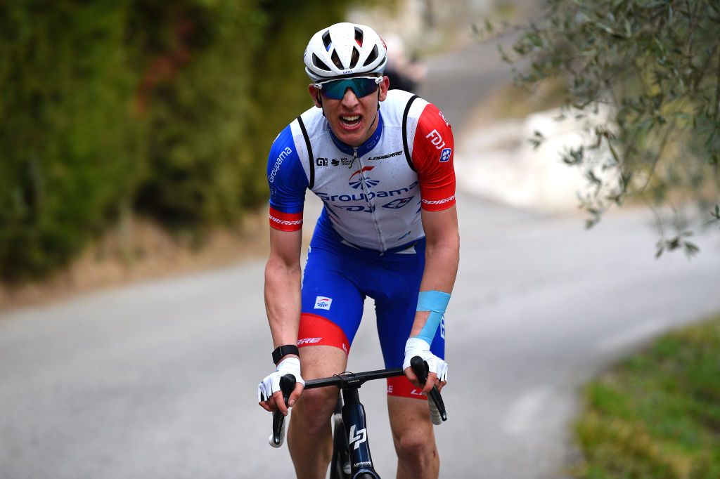 LA TURBIE FRANCE FEBRUARY 19 Lewis Askey of United Kingdom and Team Groupama FDJ competes in the breakaway during the 54th Tour Des Alpes Maritimes Et Du Var Stage 2 a 1491km stage from PugetThniers to La Turbie on February 19 2022 in La Turbie France Photo by Dario BelingheriGetty Images