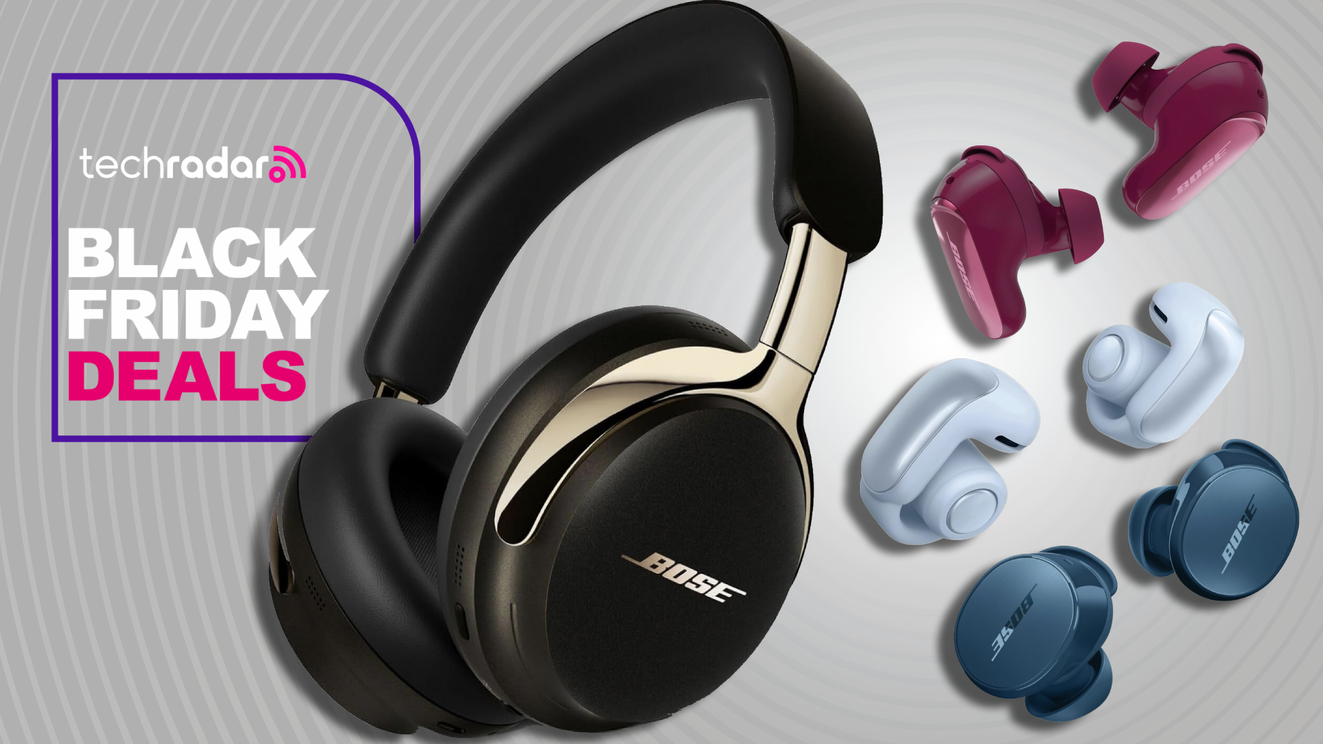 Bose headphones and earbuds, all on TechRadar's grey background with a 'Black Friday deals' badge in white and pink