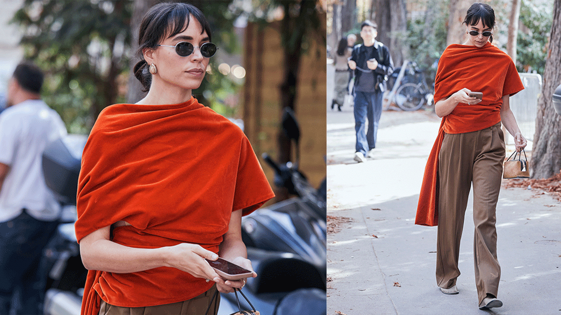 Woman wears velvet orange top, brown trousers, and flat shoes.