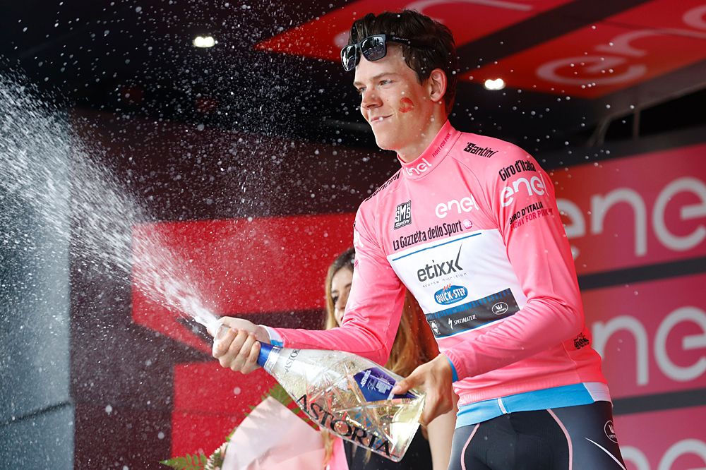 Bob Jungels (Etixx-QuickStep) celebrates being in the pink jersey at the Giro d'Italia