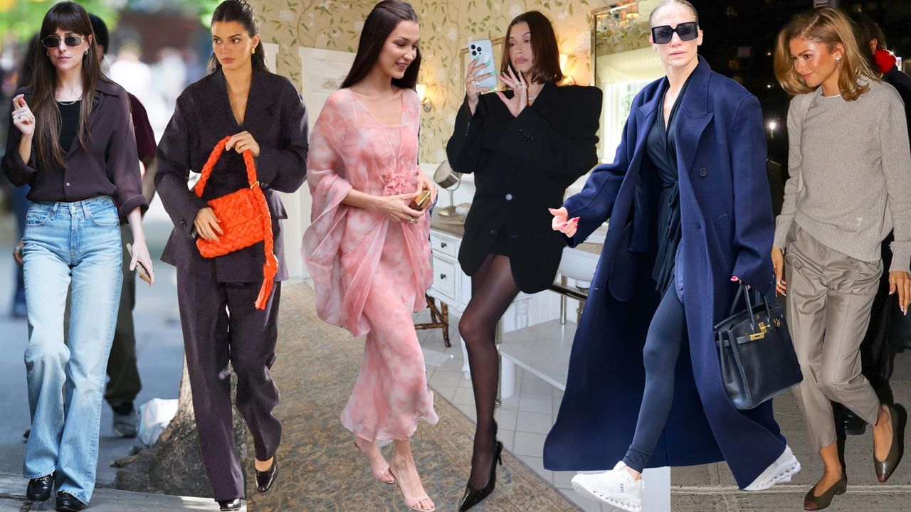 A collage of celebrities like Dakota Johnson, Kendall Jenner, Bella Hadid, Hailey Bieber, J.Lo, and Zendaya.