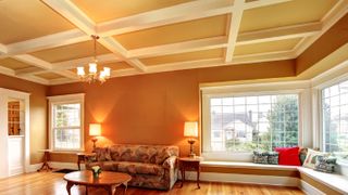 orange living room with coffered ceiling