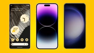 Google Pixel 7, iPhone 14 Pro, and Galaxy S23 on yellow background