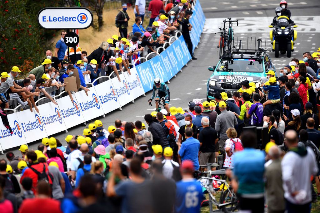LA PLANCHE FRANCE SEPTEMBER 19 Arrival Cyril Barthe of France and Team BB Hotels Vital Concept Fans Public during the 107th Tour de France 2020 Stage 20 a 362km Individual Time Trial stage from Lure to La Planche Des Belles Filles 1035m ITT TDF2020 LeTour on September 19 2020 in La Planche France Photo by Stuart FranklinGetty Images