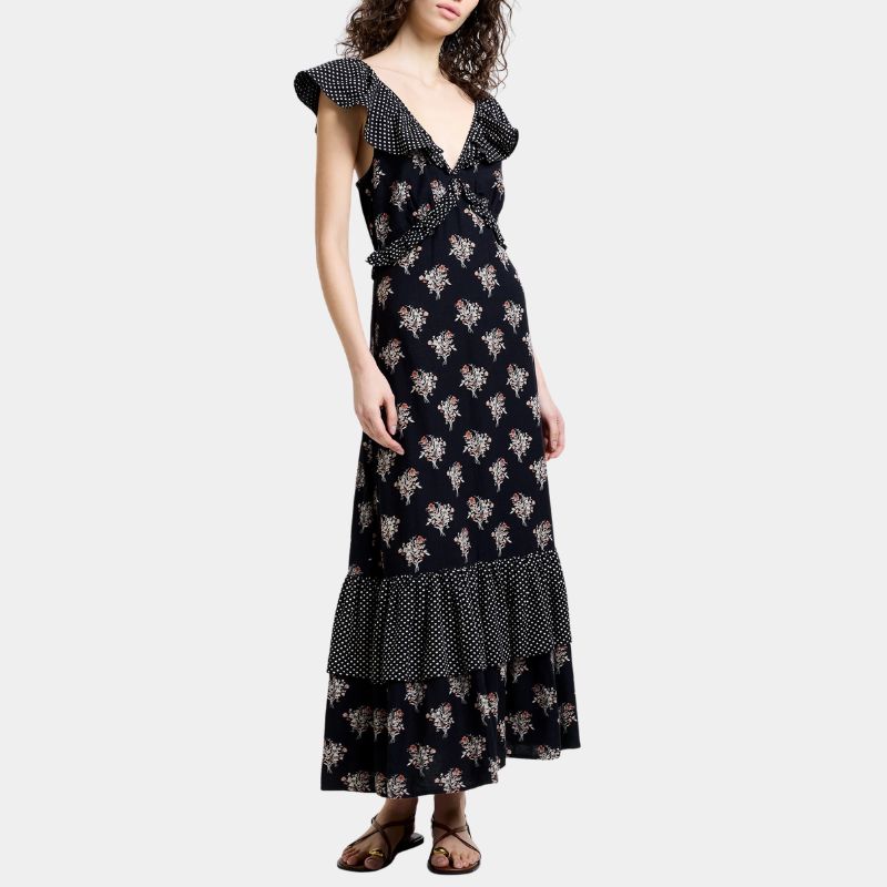 Millie Cotton Ruffle Floral Spot Printed Maxi Dress on model