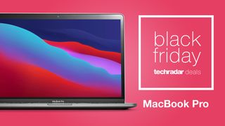 MacBook Pro auf rosa Hintergrund, mit einem Schild, auf dem "Black Friday techradar" und darunter "MacBook Pro" steht