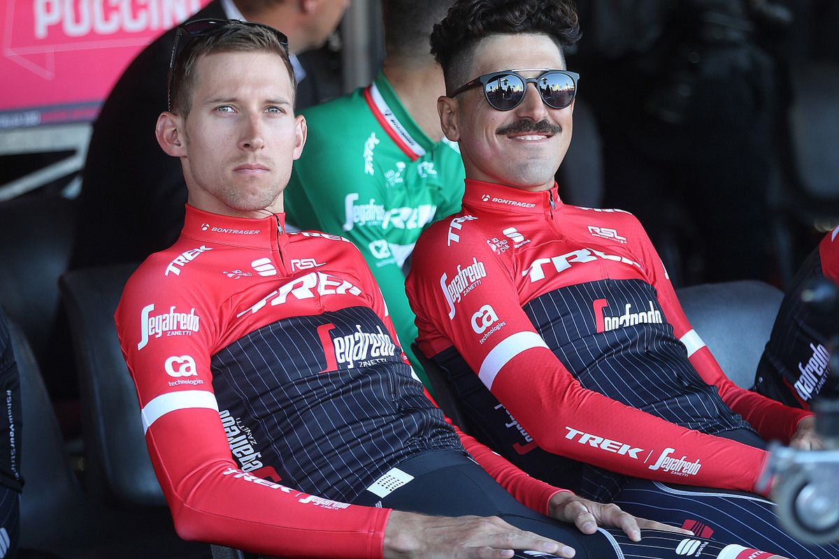 Trek-Segafredo's Bauke Mollema and Eugenio Alafaci looking cool back stage