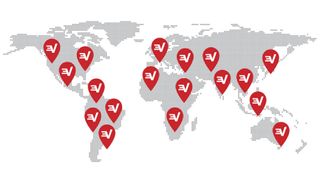 A map of the world displaying ExpressVPN servers scattered across all continents, represented with red pins containing the ExpressVPN logo.