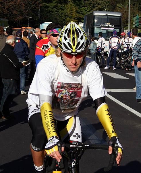 Pavel Brutt (Tinkoff Credit Systems) wears a T-shirt depicting team mate Elio Aggiano who retired this month