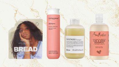 Collage of four of the best shampoos for curly hair from (left to right) Bread Beauty Supply, Living Proof, NOUNOU and Shea Moisture, set against a marble effect background