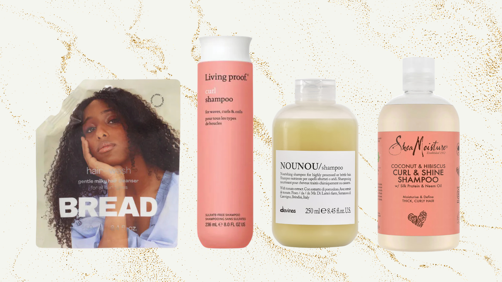 Collage of four of the best shampoos for curly hair from (left to right) Bread Beauty Supply, Living Proof, NOUNOU and Shea Moisture, set against a marble effect background 