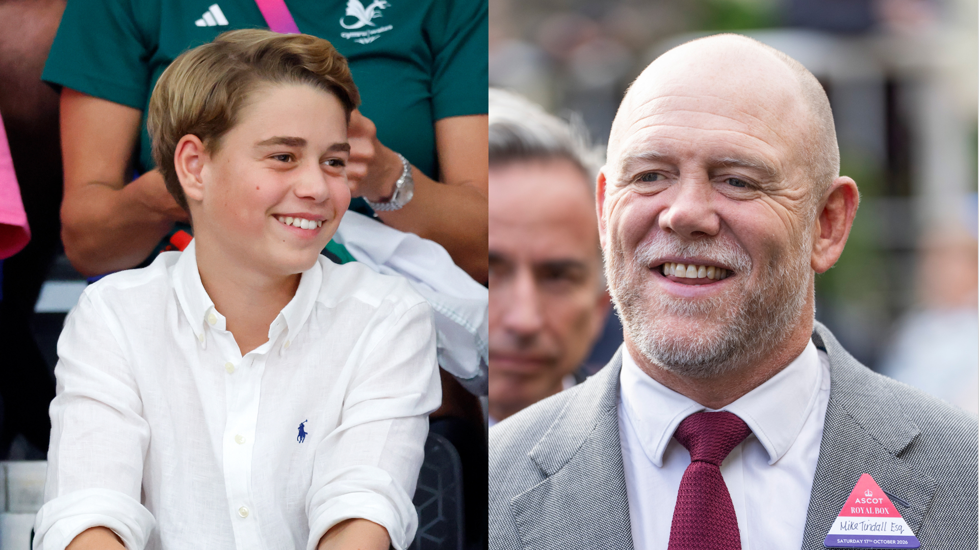 Prince George wearing a white shirt and smiling; Mike Tindall wearing a gray suit and smiling