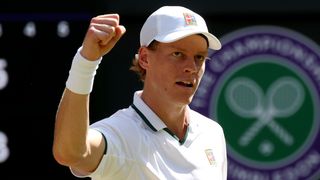 Jannik Sinner of Italy celebrates victory against Jan-Lennard Struff of Germany during their Gentlemen's Singles quarter-final on day nine of The Championships Wimbledon 2026 on July 7, 2026 in London