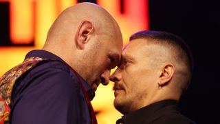 Tyson Fury and Oleksandr Usyk face off during the Fury v Usyk build-up
