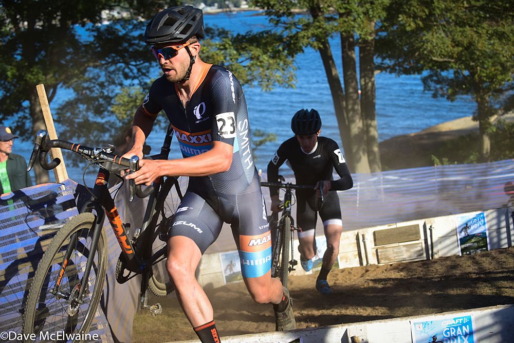Danny Summerhill (Maxxis-Shimano) running the barriers followed by Cameron Dodge