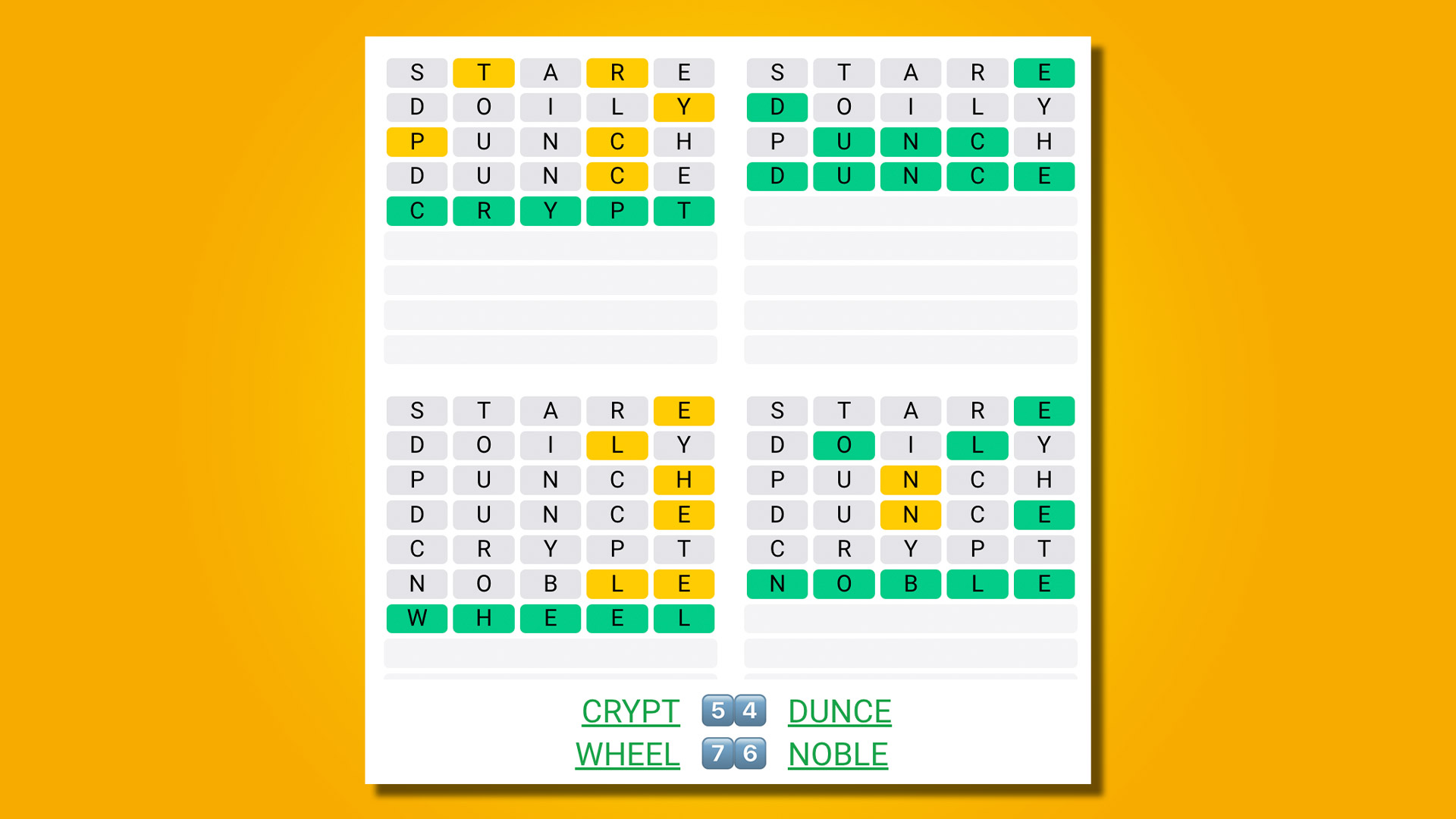 Quordle ответы для игры 472 на желтом фоне