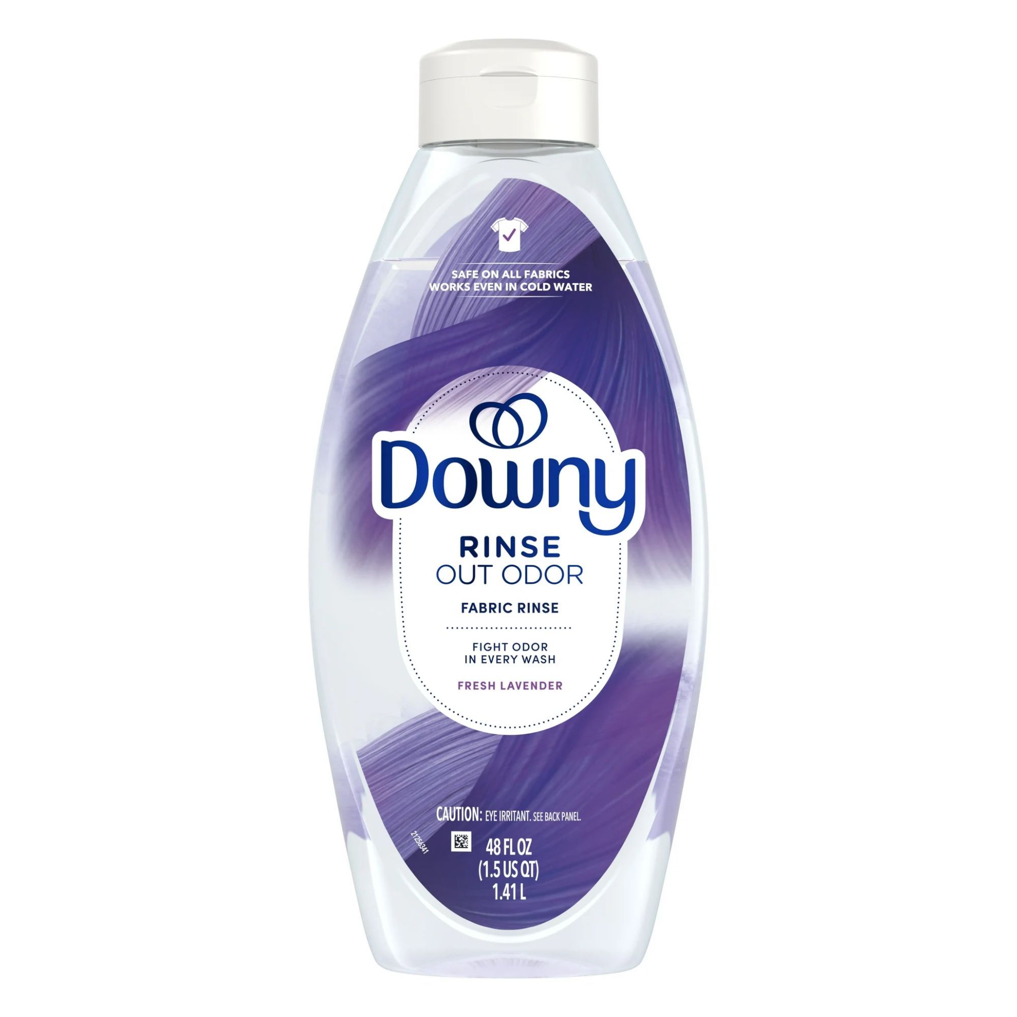 A clear bottle of Downy Rinse Out Odor Fabric Rinse with a purple and white label